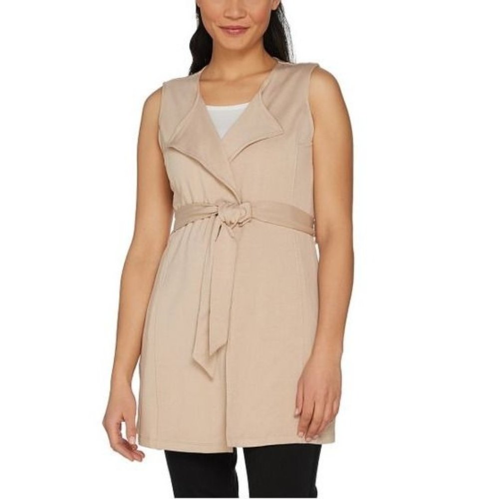 Lisa Rinna Collection French Terry Duster Vest Size XS Belted Oatmeal A288525